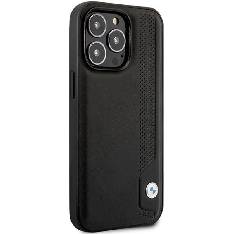 BMW BMHCP14X22RBDK Leather Blue Dots kietas dėklas skirtas iPhone 14 Pro Max 6,7", juodas