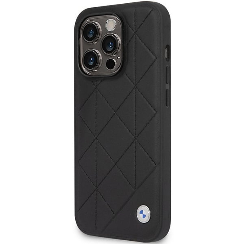 BMW BMHCP14L22RQDK Leather Quilted kietas dėklas skirtas iPhone 14 Pro 6,1", juodas