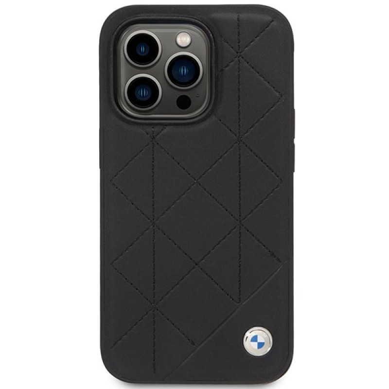 BMW BMHCP14L22RQDK Leather Quilted kietas dėklas skirtas iPhone 14 Pro 6,1", juodas
