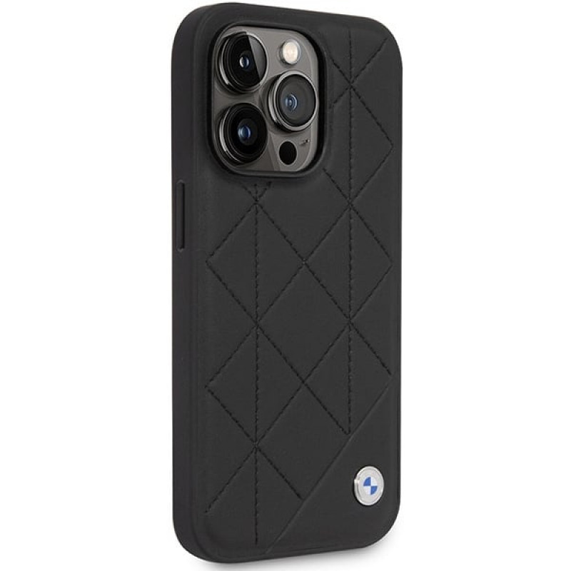 BMW BMHCP14L22RQDK Leather Quilted kietas dėklas skirtas iPhone 14 Pro 6,1", juodas