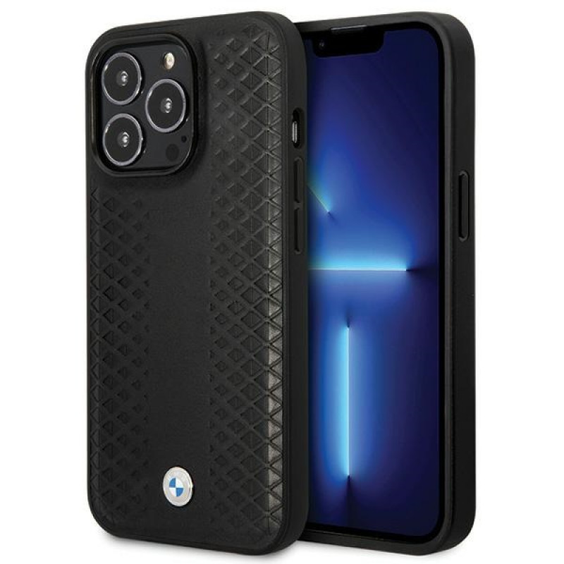 BMW BMHCP14L22RFGK Leather Diamond Pattern kietas dėklas skirtas iPhone 14 Pro 6,1", juodas