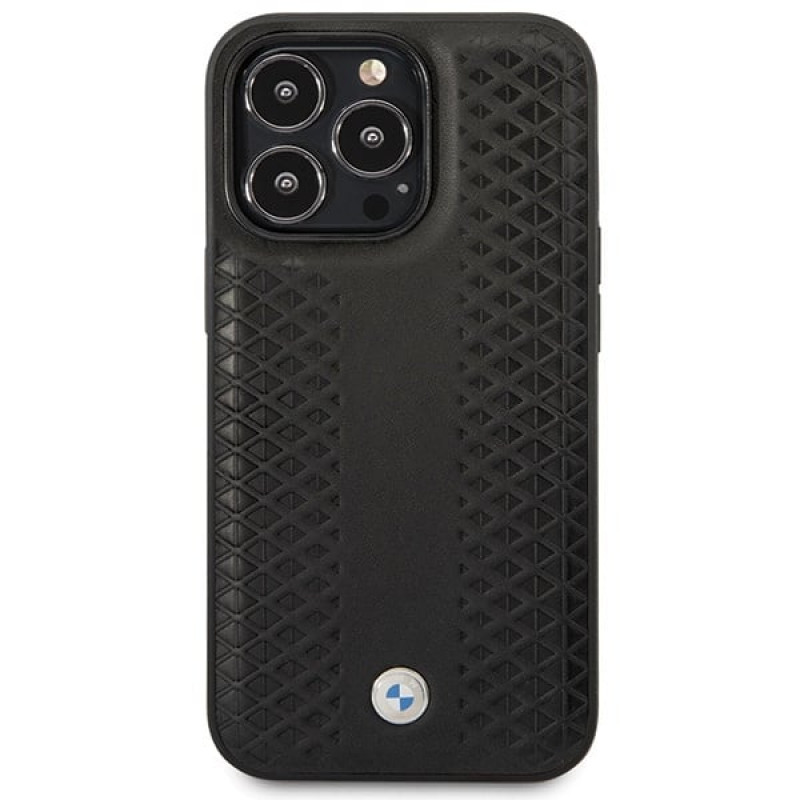 BMW BMHCP14L22RFGK Leather Diamond Pattern kietas dėklas skirtas iPhone 14 Pro 6,1", juodas