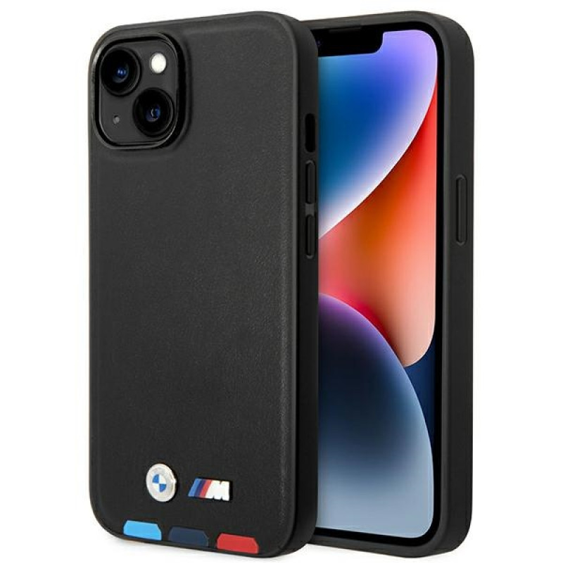 BMW BMHCP14M22PTDK dėklas, skirtas iPhone 14 Plus, juodas, Leather Stamp Tricolor