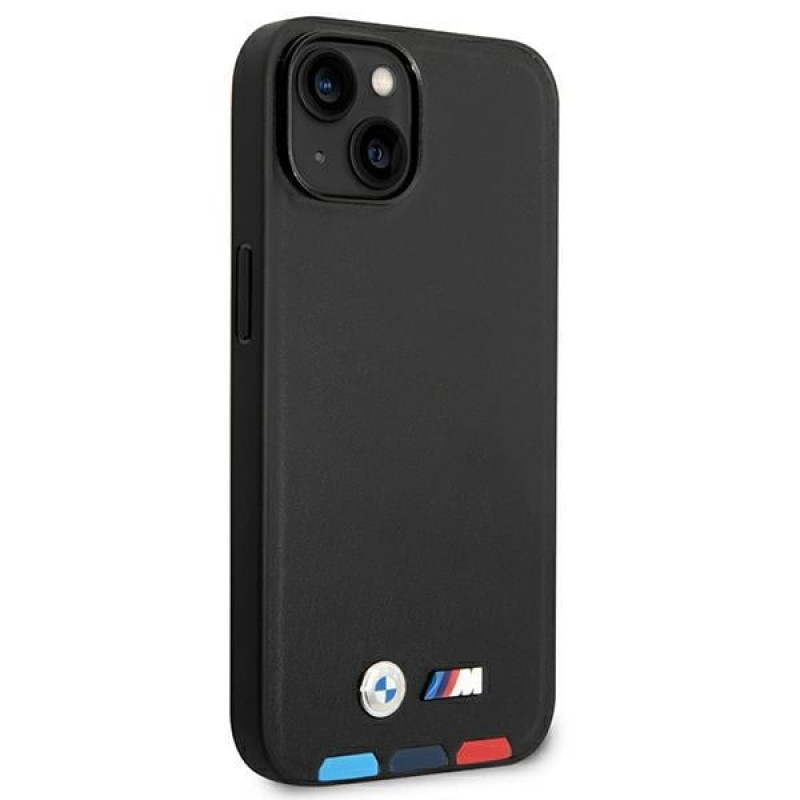 BMW BMHCP14M22PTDK dėklas, skirtas iPhone 14 Plus, juodas, Leather Stamp Tricolor