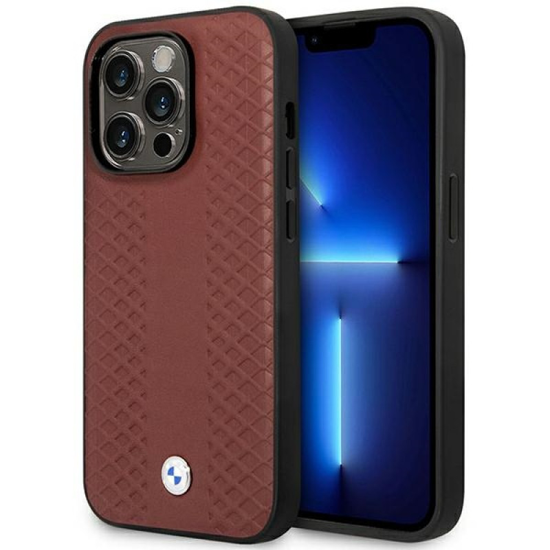 BMW BMHMP14X22RFGR Leather Diamond Pattern MagSafe dėklas telefonui Apple iPhone 14 Pro Max 6,7″, bordo