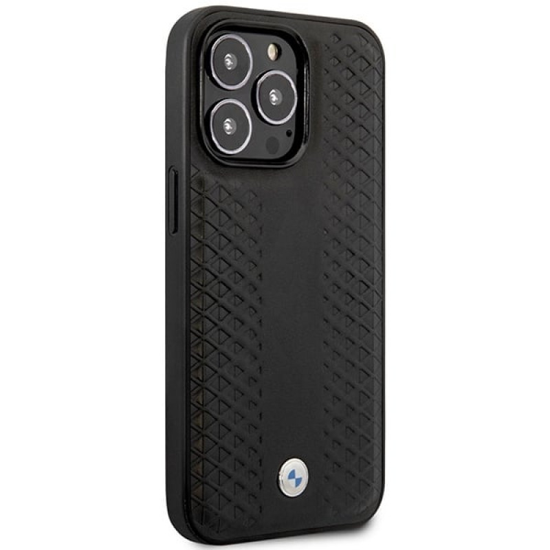 BMW BMHMP14L22RFGK Leather Diamond Pattern MagSafe dėklas telefonui Apple iPhone 14 Pro 6,1″, juodas