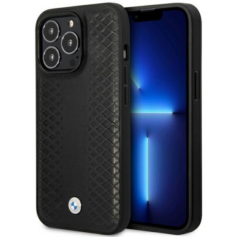 BMW BMHMP14X22RFGK Leather Diamond Pattern MagSafe dėklas telefonui Apple iPhone 14 Pro Max 6,7″, juodas