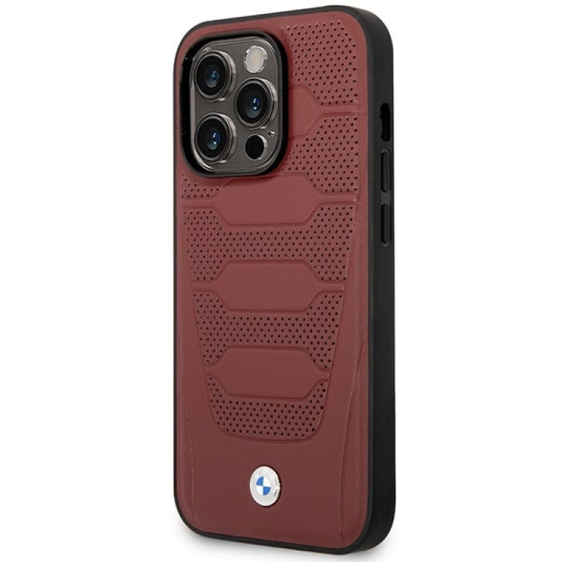 BMW BMHMP14L22RPSR Leather Seats Pattern MagSafe dėklas telefonui Apple iPhone 14 Pro 6,1″, bordo