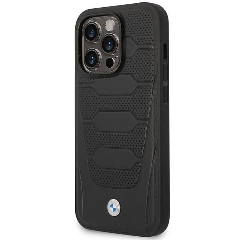 BMW BMHMP14L22RPSK Leather Seats Pattern MagSafe dėklas telefonui Apple iPhone 14 Pro 6,1″, juodas