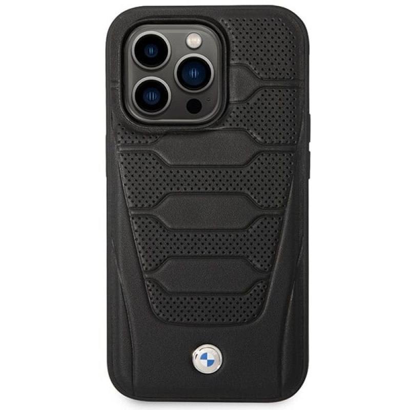 BMW BMHMP14L22RPSK Leather Seats Pattern MagSafe dėklas telefonui Apple iPhone 14 Pro 6,1″, juodas