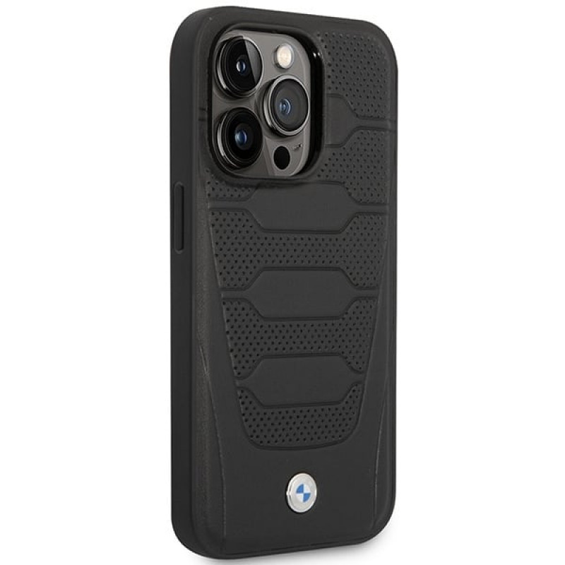 BMW BMHMP14L22RPSK Leather Seats Pattern MagSafe dėklas telefonui Apple iPhone 14 Pro 6,1″, juodas