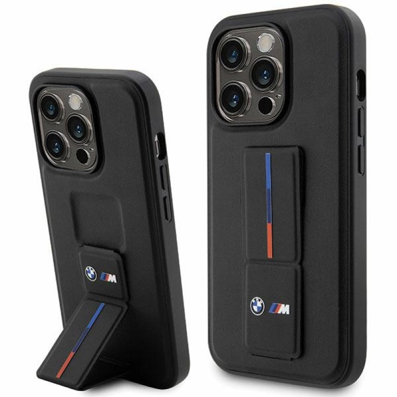 BMW BMHCP14L22GSLK Grip Stand Hot Stamp kietas dėklas, skirtas Apple iPhone 14 Pro, juodas
