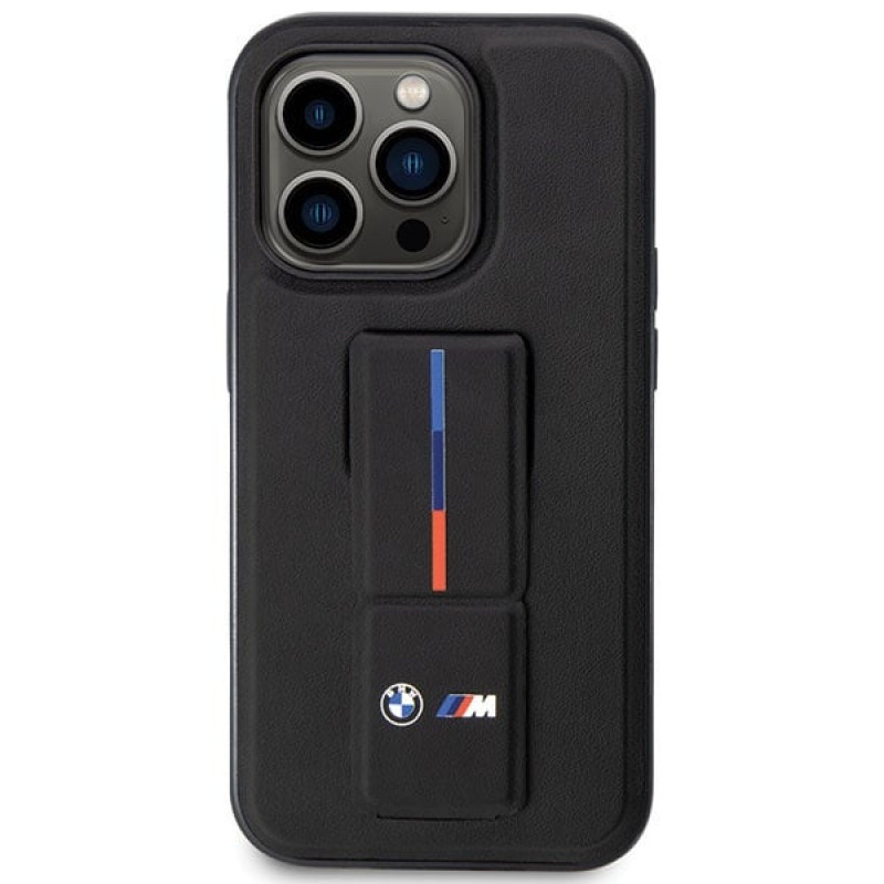 BMW BMHCP14L22GSLK Grip Stand Hot Stamp kietas dėklas, skirtas Apple iPhone 14 Pro, juodas