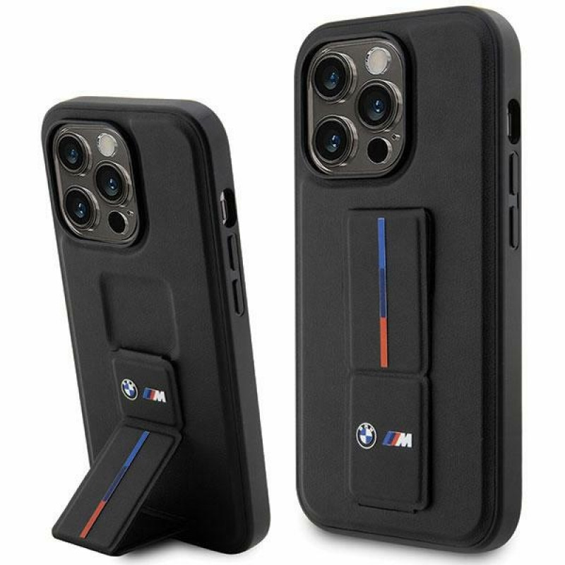 BMW BMHCP14X22GSLK Grip Stand Hot Stamp kietas dėklas, skirtas Apple iPhone 14 Pro Max, juodas