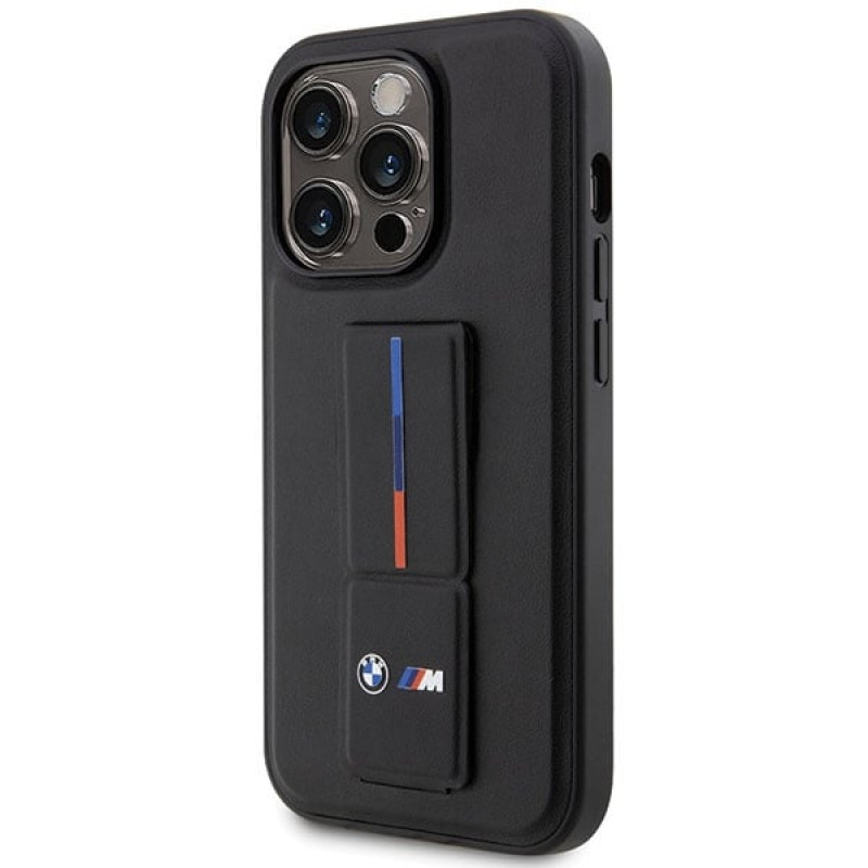 BMW BMHCP14X22GSLK Grip Stand Hot Stamp kietas dėklas, skirtas Apple iPhone 14 Pro Max, juodas