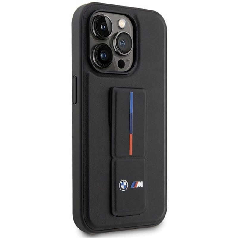 BMW BMHCP14X22GSLK Grip Stand Hot Stamp kietas dėklas, skirtas Apple iPhone 14 Pro Max, juodas