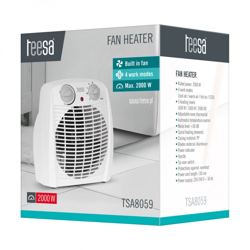 Teesa TSA8059 šildytuvas su ventiliatoriumi, 0,8/1,2/2 kW, baltas