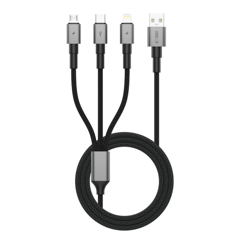 Tech-Protect UltraBoost DNA 3 viename kabelis USB-A į Lightning / USB-C / Micro-USB, 3 A, 120 cm, plieno pilkas