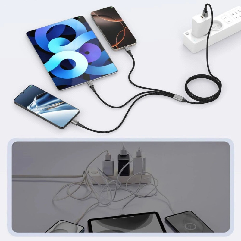 Tech-Protect UltraBoost DNA 3 viename kabelis USB-A į Lightning / USB-C / Micro-USB, 3 A, 120 cm, plieno pilkas