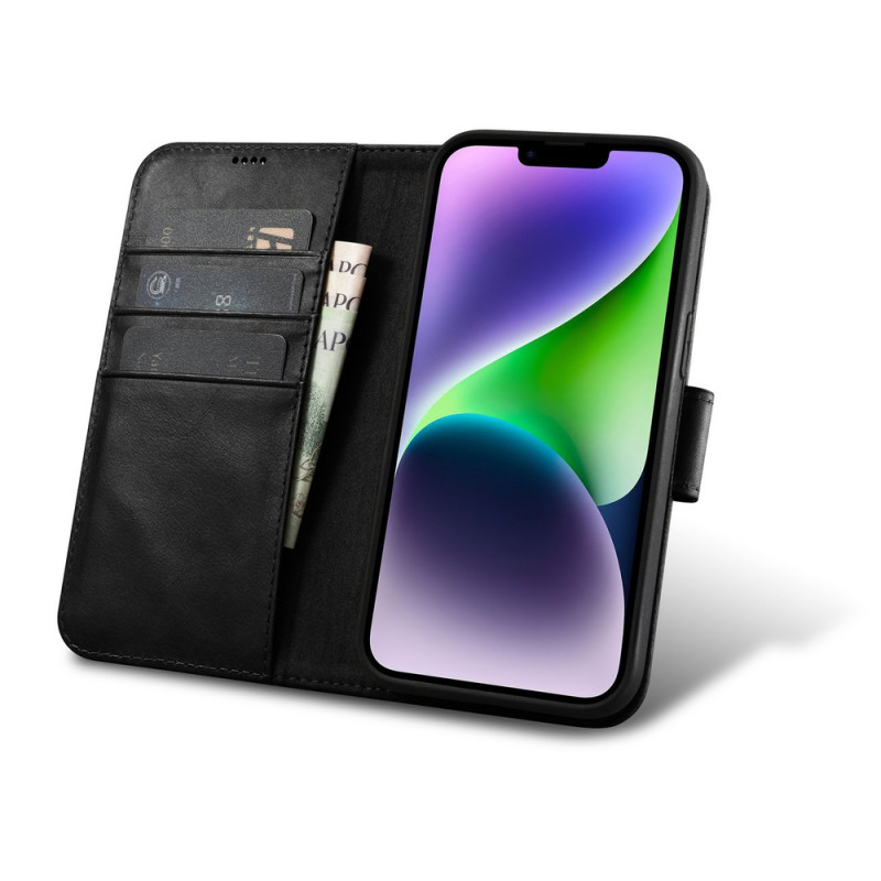 iCarer Oil Wax Wallet Case 2in1 odinis atverčiamas dėklas, skirtas iPhone 14 Plus, Anti-RFID, juodas (WMI14220723-BK)