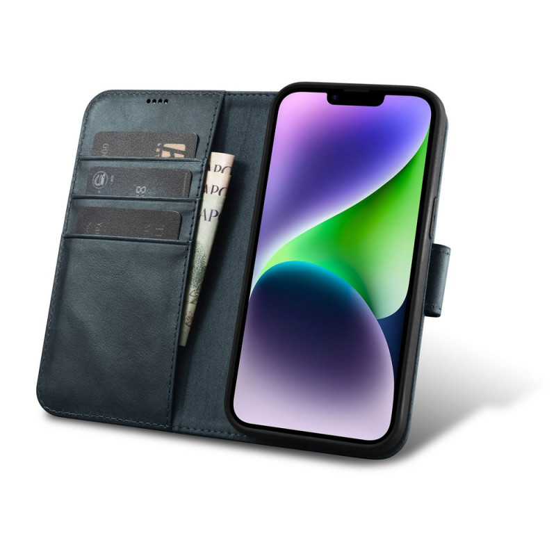 iCarer Oil Wax Wallet Case 2in1 odinis atverčiamas dėklas, skirtas iPhone 14 Plus, Anti-RFID, mėlynas (WMI14220723-BU)