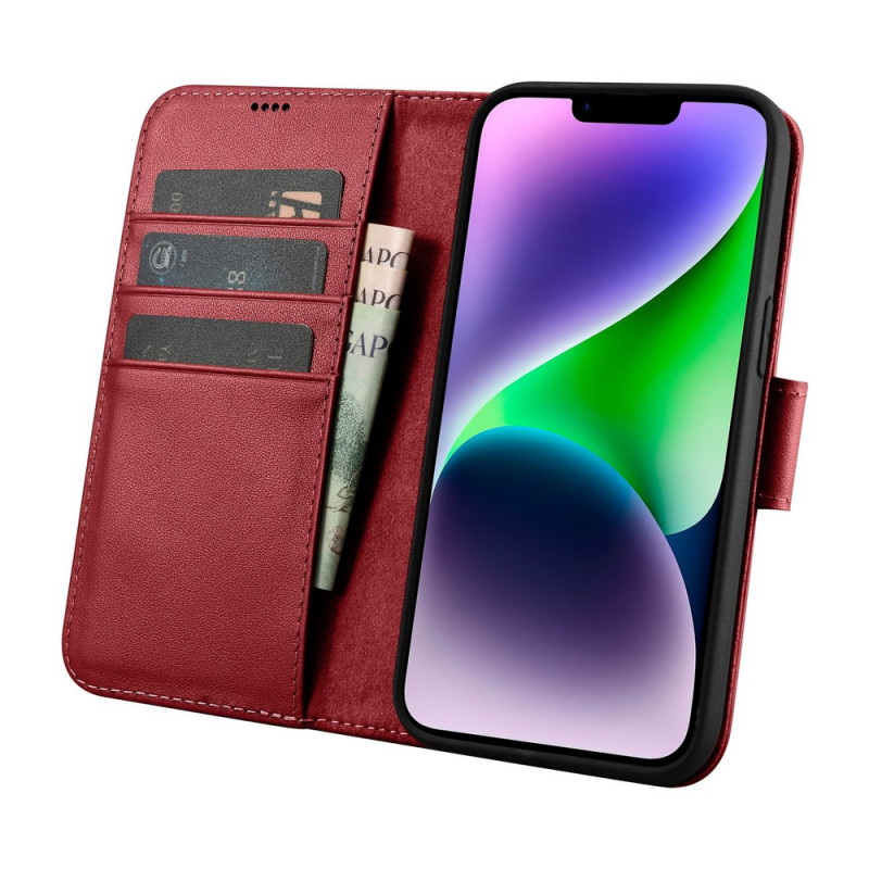 iCarer Wallet Case 2in1 odinis atverčiamas dėklas, skirtas iPhone 14 Plus, Anti-RFID, raudonas (WMI14220727-RD)