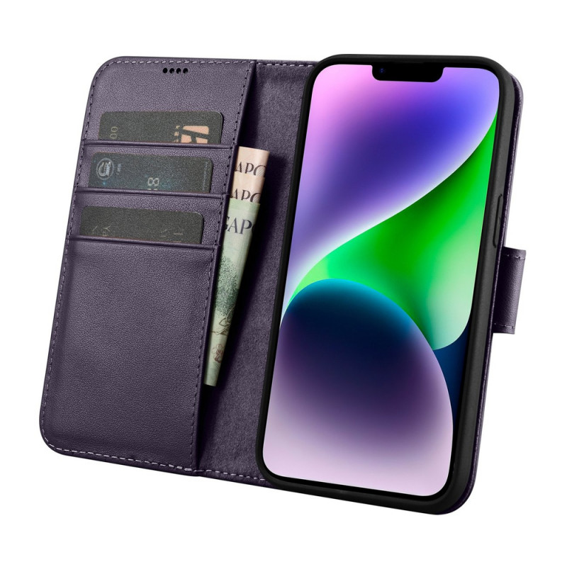iCarer Wallet Case 2in1 odinis atverčiamas dėklas, skirtas iPhone 14 Plus, Anti-RFID, tamsiai violetinis (WMI14220727-DP)