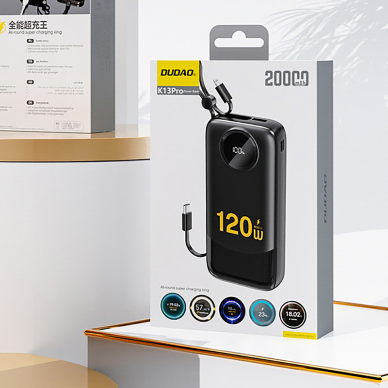 Dudao K13 10000 mAh išorinė baterija su integruotu kabeliu, juoda
