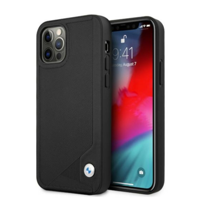 BMW BMHCP12LRCDPK Apple iPhone 12 Pro Max kietasis dėklas Leather Deboss, juodas