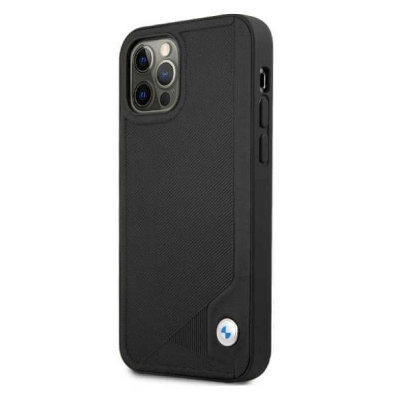 BMW BMHCP12MRCDPK Apple iPhone 12 / 12 Pro kietasis dėklas Leather Deboss, juodas