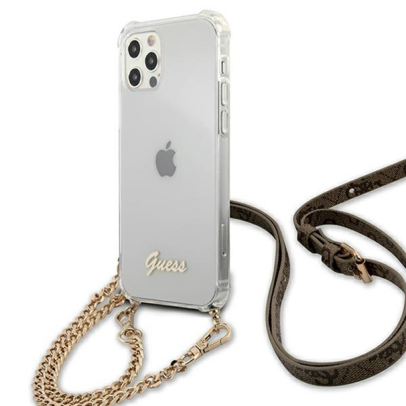 Guess GUHCP12MKC4GSGO Apple iPhone 12 / 12 Pro kietasis dėklas 4G Gold Chain, permatomas