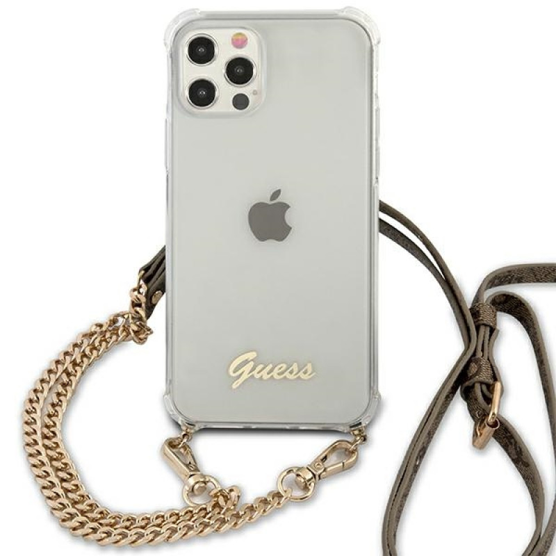 Guess GUHCP12MKC4GSGO Apple iPhone 12 / 12 Pro kietasis dėklas 4G Gold Chain, permatomas