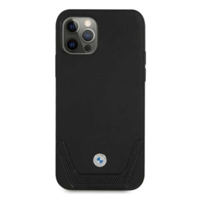BMW BMHCP12MRSWPK Apple iPhone 12 / 12 Pro kietasis dėklas Leather Perforate, juodas