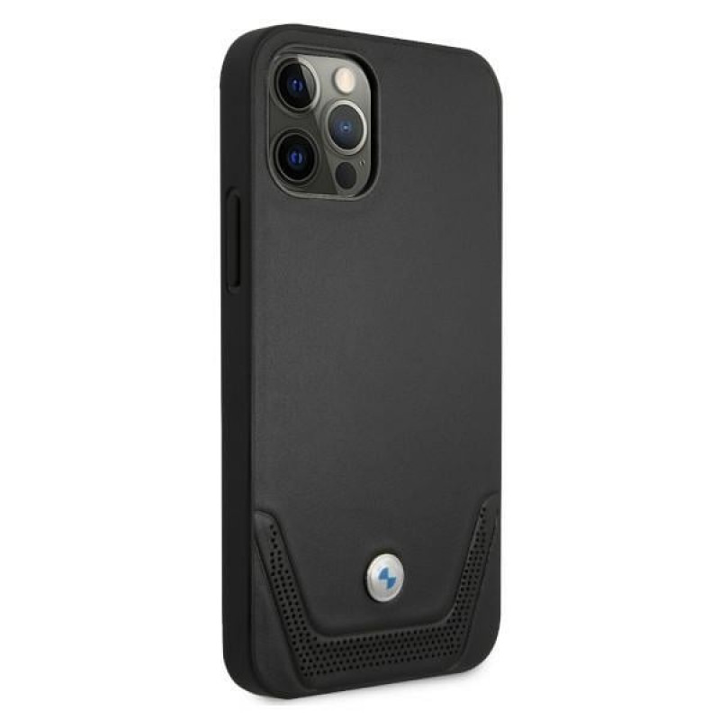 BMW BMHCP12MRSWPK Apple iPhone 12 / 12 Pro kietasis dėklas Leather Perforate, juodas