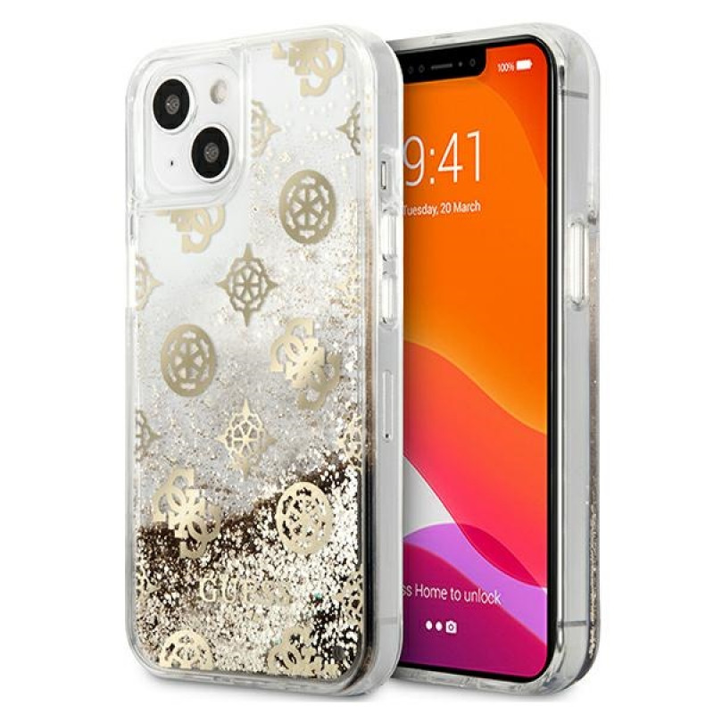 Guess GUHCP13SLGPEGO Apple iPhone 13 mini dėklas Peony Liquid Glitter, auksinis