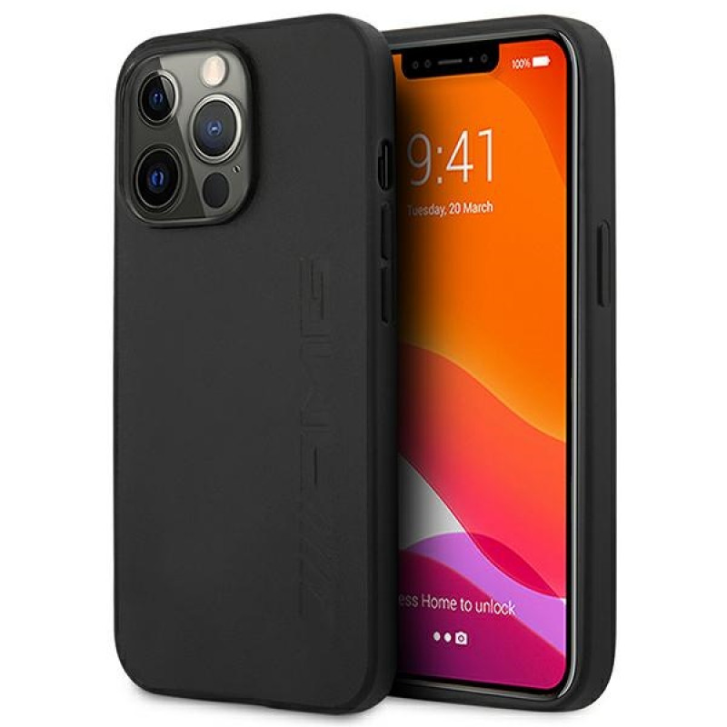 Mercedes-AMG AMHCP14LDOLBK Apple iPhone 14 Pro kietasis dėklas, Leather Hot Stamped, juodas