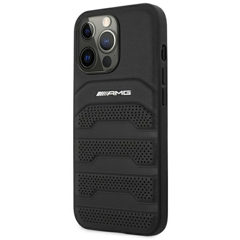 Mercedes-AMG AMHCP14LGSEBK Apple iPhone 14 Pro kietasis dėklas, Leather Debossed Lines, juodas