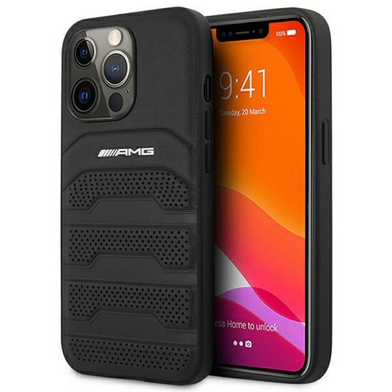 Mercedes-AMG AMHCP14XGSEBK Apple iPhone 14 Pro Max kietasis dėklas, Leather Debossed Lines, juodas