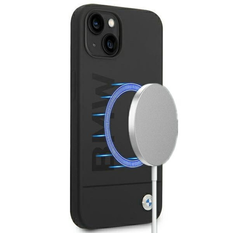 BMW BMHMP14MSLBLBK Apple iPhone 14 Plus / 15 Plus kietasis dėklas, Silicone Signature Logo MagSafe, juodas