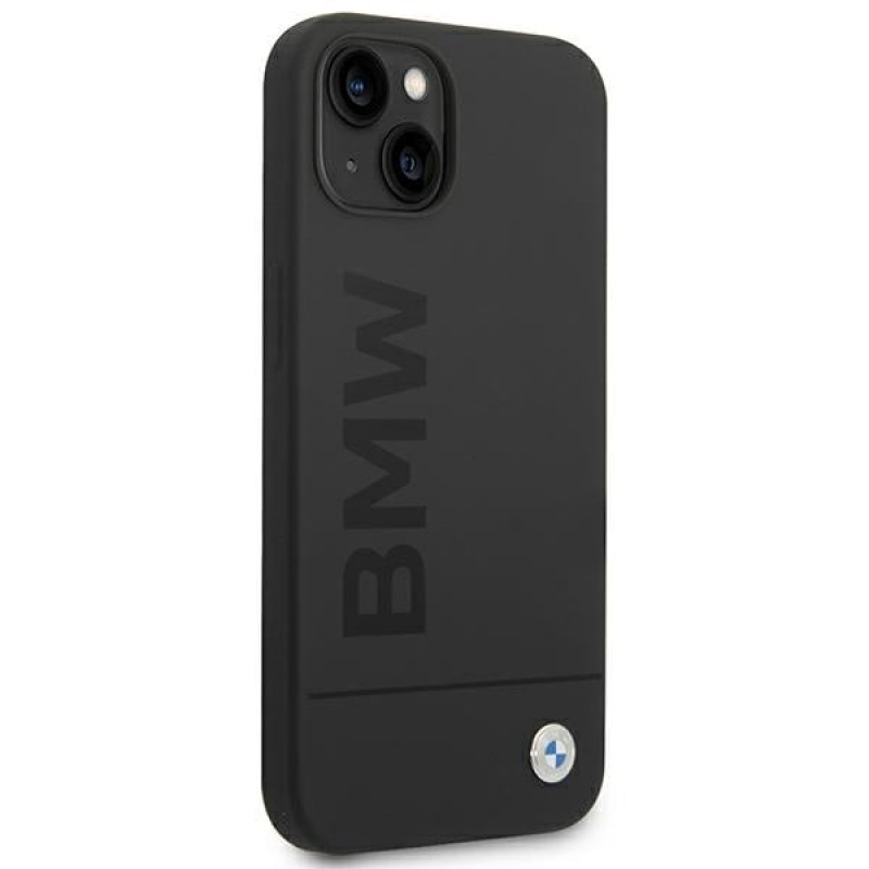 BMW BMHMP14MSLBLBK Apple iPhone 14 Plus / 15 Plus kietasis dėklas, Silicone Signature Logo MagSafe, juodas
