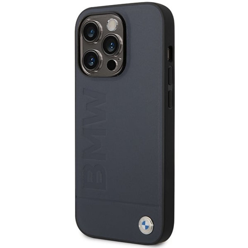 BMW BMHMP14XSLLNA Apple iPhone 14 Pro Max kietasis dėklas, Leather Hot Stamp MagSafe, navy