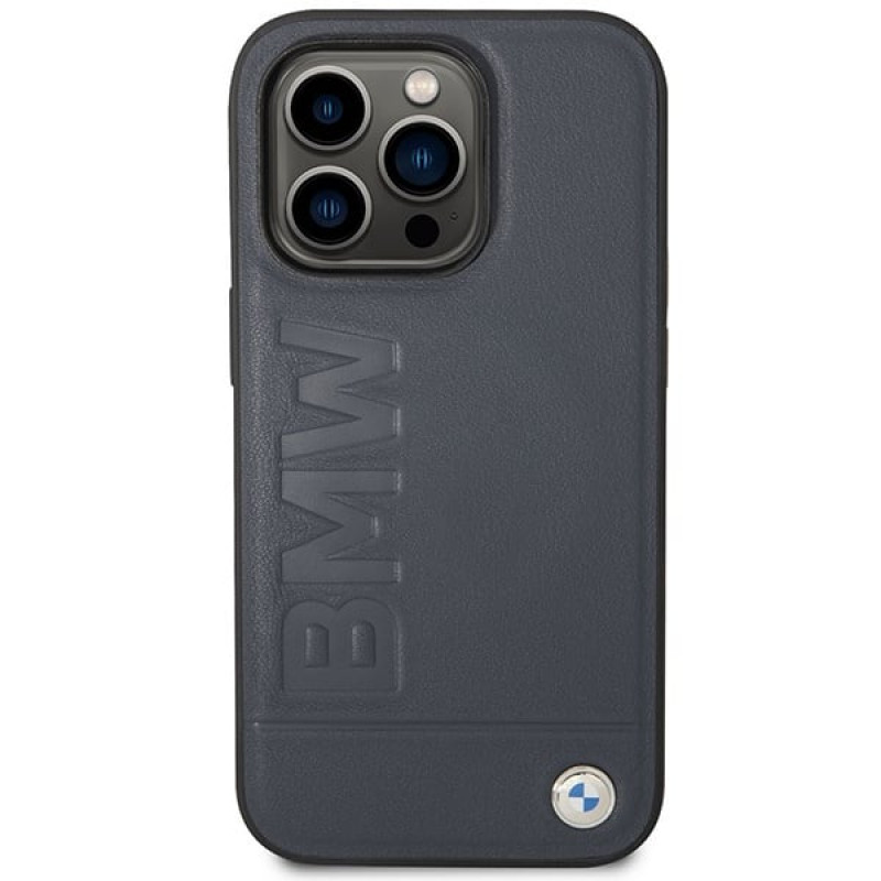 BMW BMHMP14XSLLNA Apple iPhone 14 Pro Max kietasis dėklas, Leather Hot Stamp MagSafe, navy