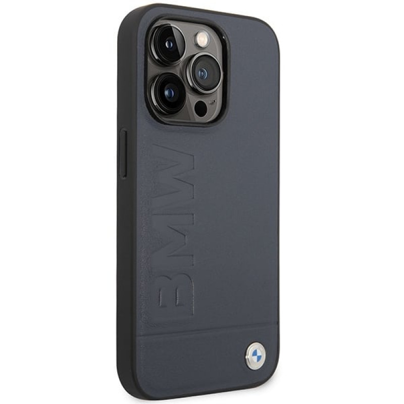 BMW BMHMP14XSLLNA Apple iPhone 14 Pro Max kietasis dėklas, Leather Hot Stamp MagSafe, navy