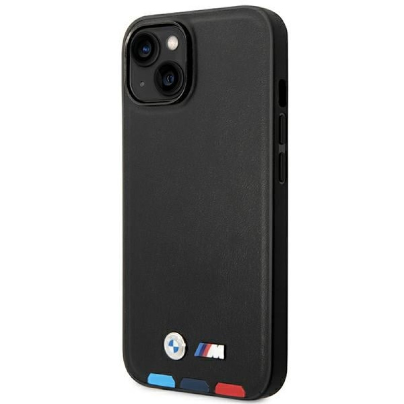BMW BMHMP14S22PTDK Apple iPhone 14 dėklas, Leather Stamp Tricolor MagSafe, juodas