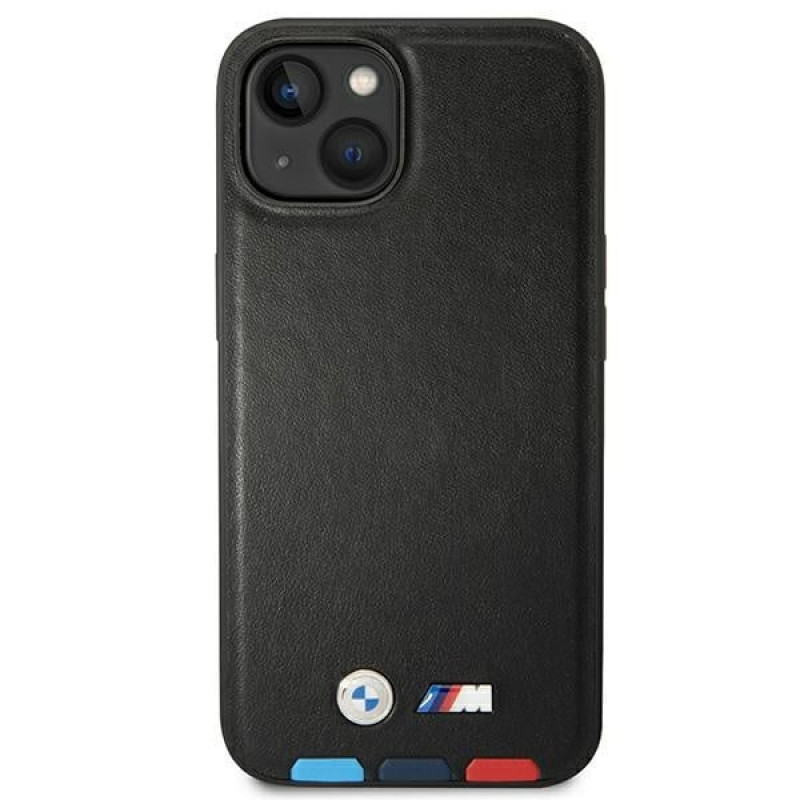BMW BMHMP14S22PTDK Apple iPhone 14 dėklas, Leather Stamp Tricolor MagSafe, juodas