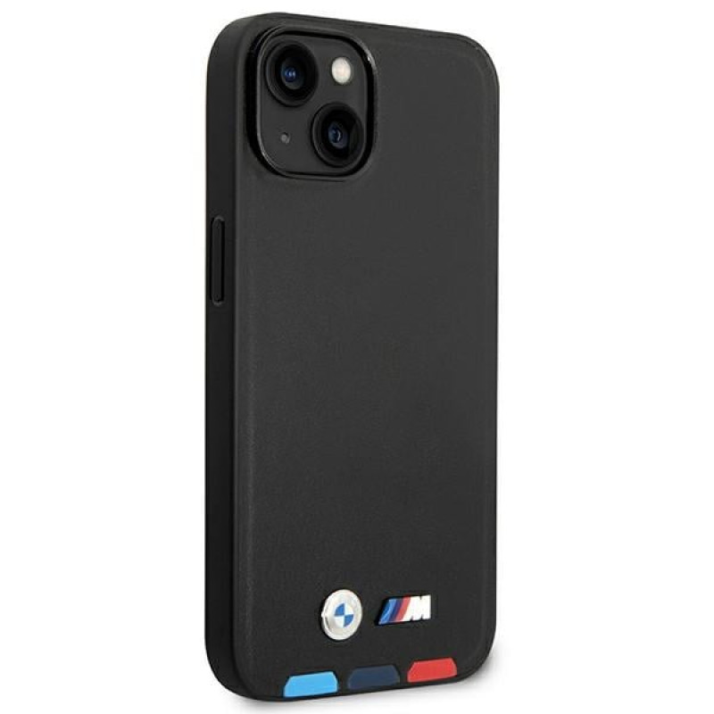 BMW BMHMP14M22PTDK Apple iPhone 14 Plus / 15 Plus dėklas, Leather Stamp Tricolor MagSafe, juodas