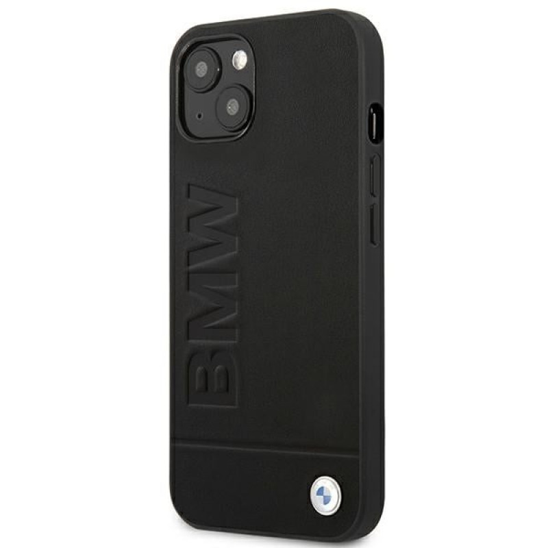 BMW BMHCP14MSLLBK Apple iPhone 14 Plus / 15 Plus dėklas, Leather Stamp, juodas