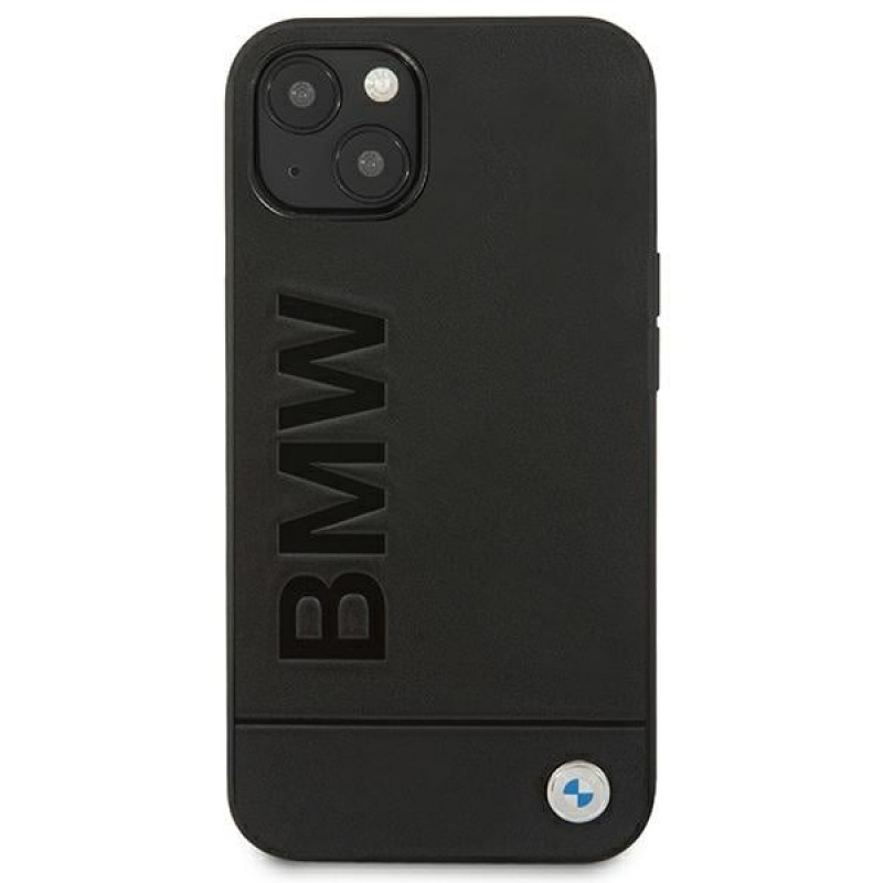 BMW BMHCP14MSLLBK Apple iPhone 14 Plus / 15 Plus dėklas, Leather Stamp, juodas