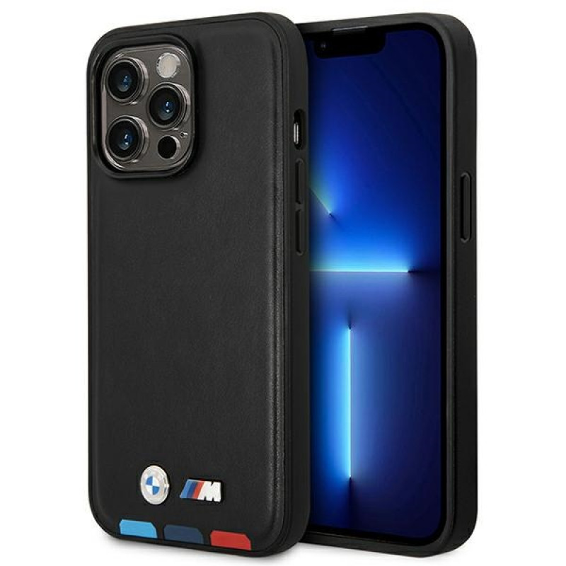 BMW BMHMP14X22PTDK Apple iPhone 14 Pro Max dėklas, Leather Stamp Tricolor MagSafe, juodas