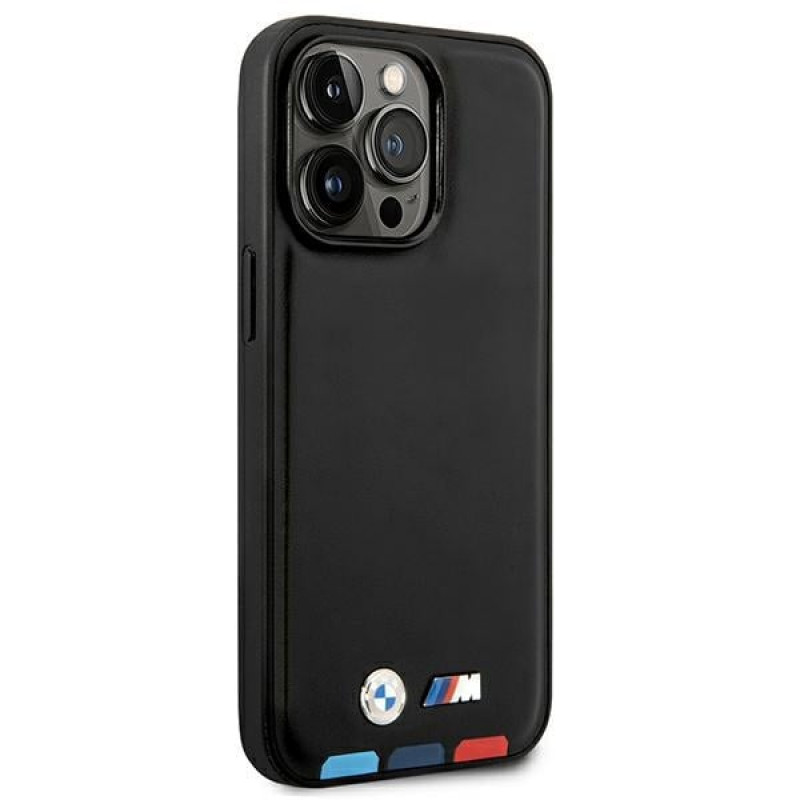 BMW BMHMP14X22PTDK Apple iPhone 14 Pro Max dėklas, Leather Stamp Tricolor MagSafe, juodas